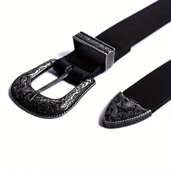 Black Belt With Polished Floral Statement Buckle - Picture 6 of 7